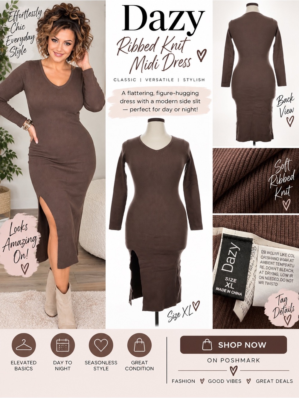 NWT Dazy XL Chocolate Brown Ribbed Knit Midi Dress Side Slit Bodycon